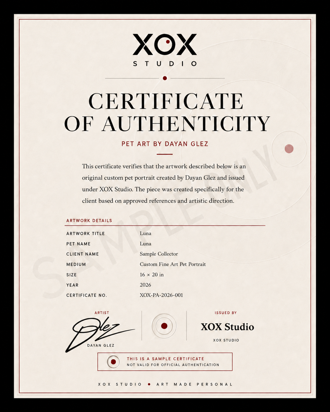 Certificate of Authenticity — Sample · Pet Art by Dayan Glez · XOX Studio